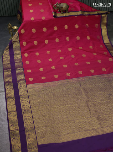 Semi kanchipuram silk saree pink and deep violet with zari woven buttas and rettapet zari woven border