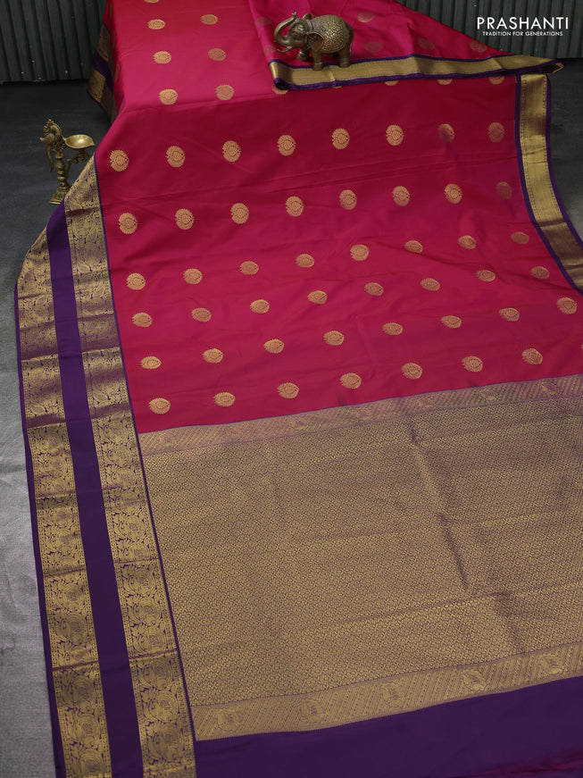 Semi kanchipuram silk saree pink and deep violet with zari woven buttas and rettapet zari woven border