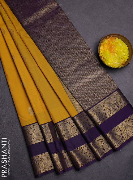 Semi kanchipuram silk saree yellow and deep violet with zari woven buttas and rettapet zari woven border