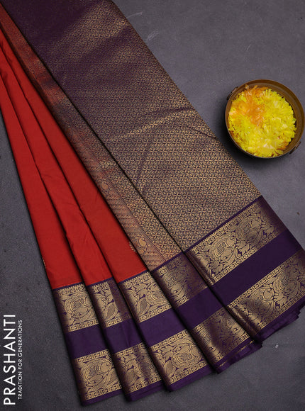 Semi kanchipuram silk saree rustic orange and deep violet with zari woven buttas and rettapet zari woven border