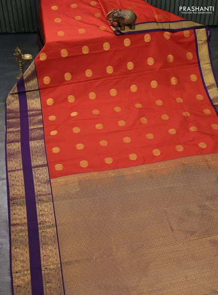 Semi kanchipuram silk saree rustic orange and deep violet with zari woven buttas and rettapet zari woven border