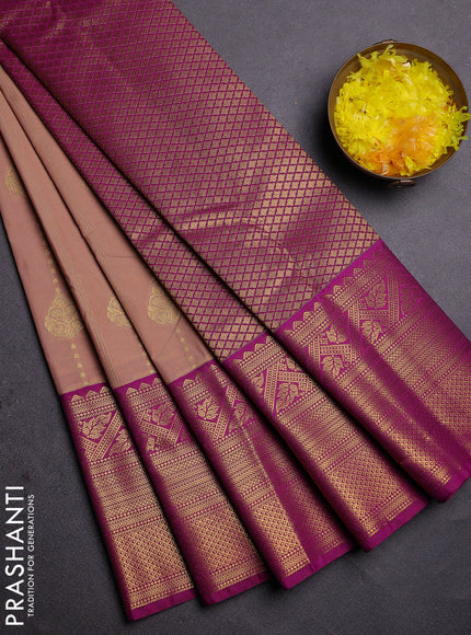 Semi kanchipuram silk saree beige and purple with allover zari weaves and long zari woven border