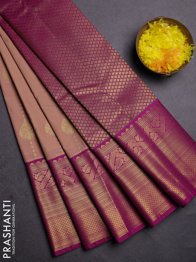 Semi kanchipuram silk saree beige and purple with allover zari weaves and long zari woven border