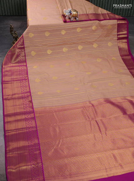 Semi kanchipuram silk saree beige and purple with allover zari weaves and long zari woven border