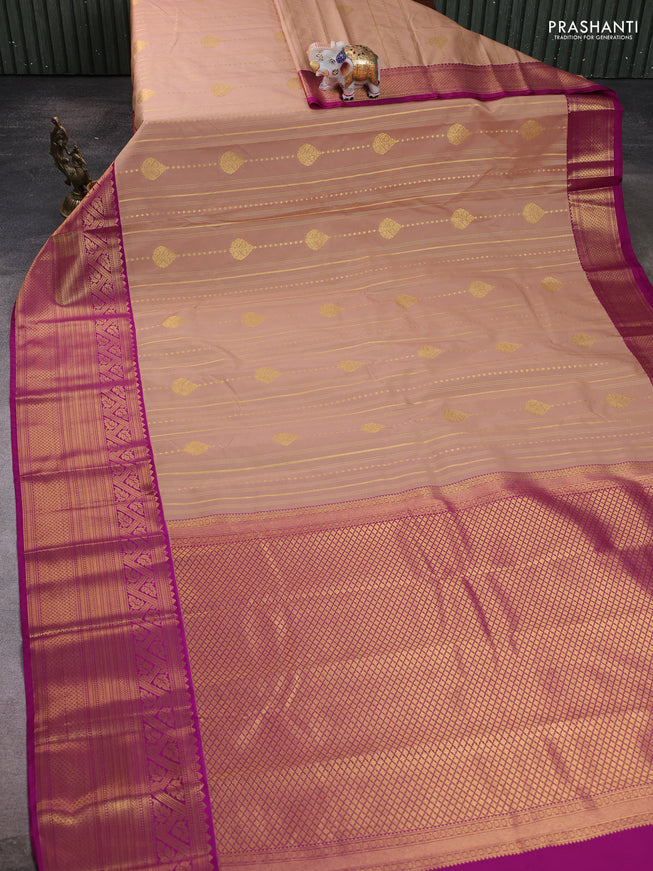 Semi kanchipuram silk saree beige and purple with allover zari weaves and long zari woven border