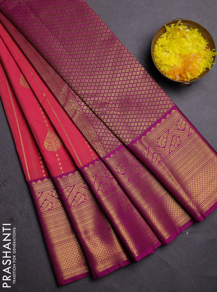 Semi kanchipuram silk saree peach pink and purple with allover zari weaves and long zari woven border
