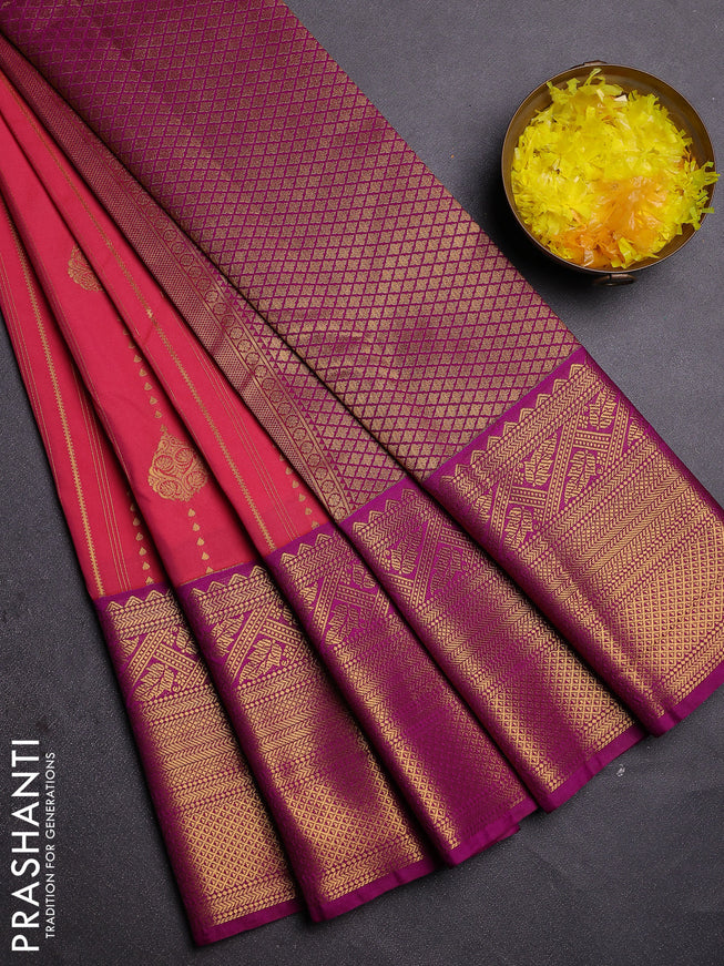 Semi kanchipuram silk saree peach pink and purple with allover zari weaves and long zari woven border
