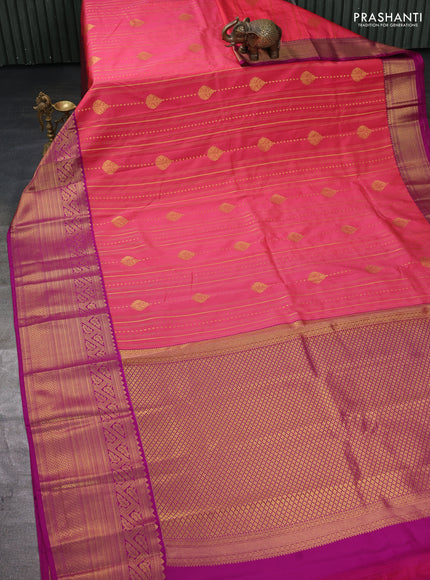 Semi kanchipuram silk saree peach pink and purple with allover zari weaves and long zari woven border