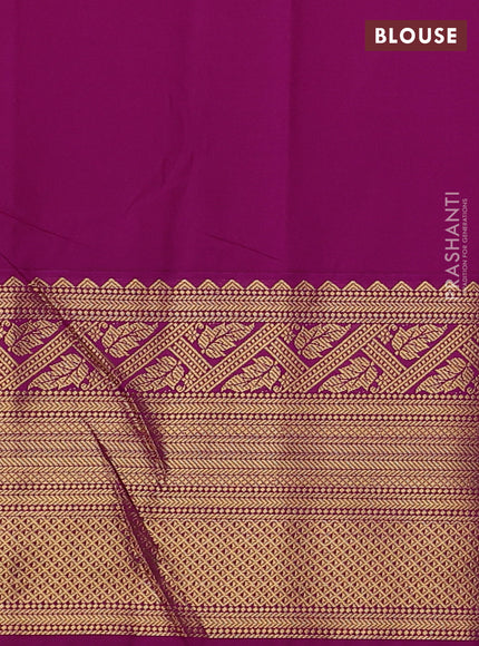 Semi kanchipuram silk saree yellow and purple with allover zari weaves and long zari woven border