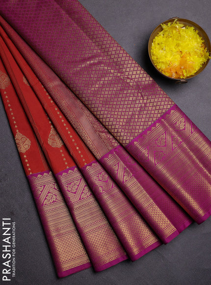 Semi kanchipuram silk saree rust and purple with allover zari weaves and long zari woven border