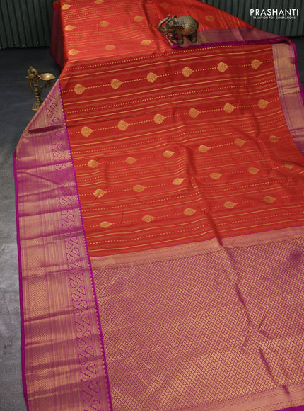 Semi kanchipuram silk saree rust and purple with allover zari weaves and long zari woven border
