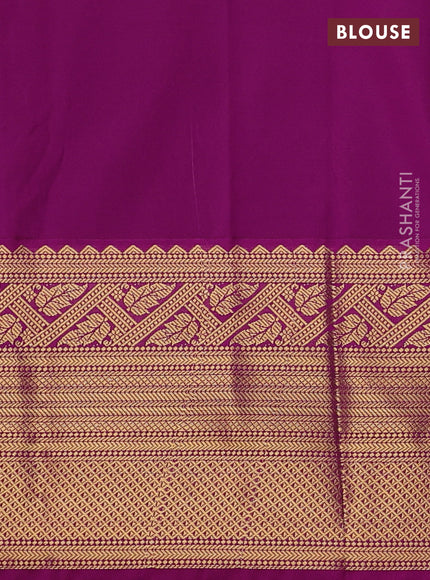 Semi kanchipuram silk saree light green and purple with allover zari weaves and long zari woven border