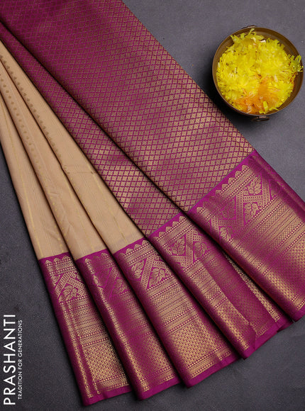 Semi kanchipuram silk saree sandal and magenta pink with allover zari weaves and long zari woven border