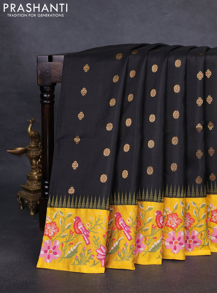 Pure gadwal silk saree black and yellow with zari woven buttas and temple design embroidery border