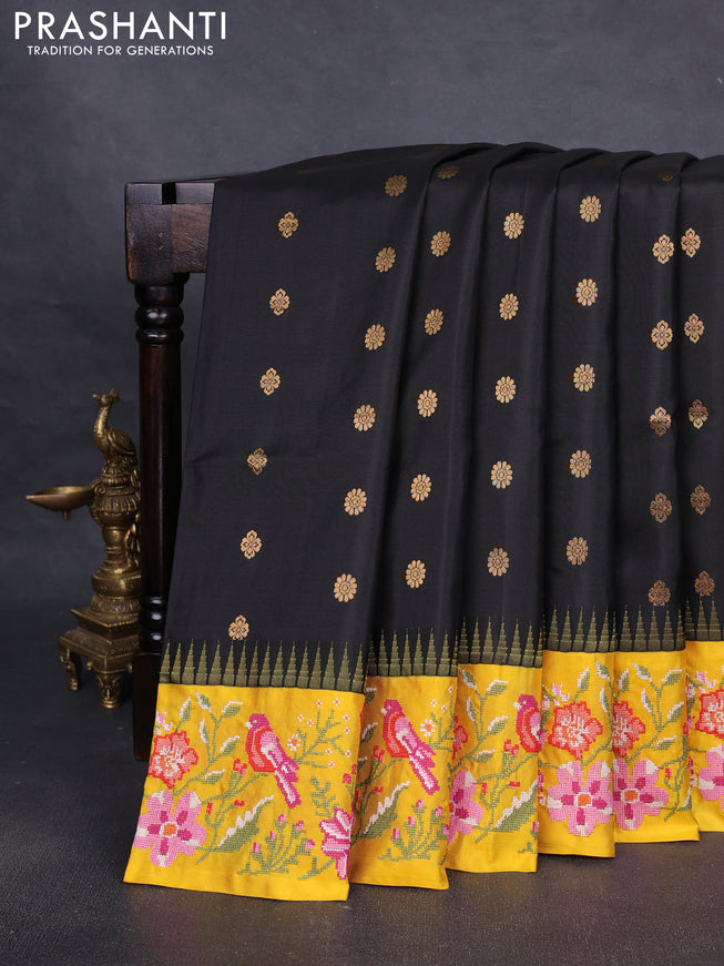 Pure gadwal silk saree black and yellow with zari woven buttas and temple design embroidery border