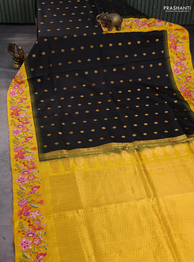Pure gadwal silk saree black and yellow with zari woven buttas and temple design embroidery border