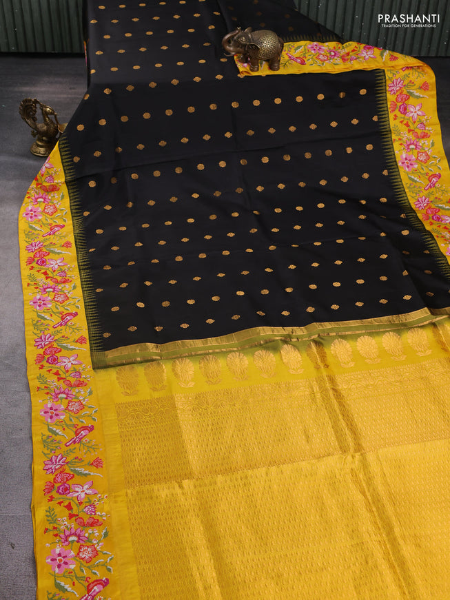 Pure gadwal silk saree black and yellow with zari woven buttas and temple design embroidery border