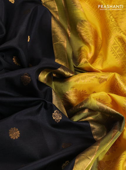 Pure gadwal silk saree black and yellow with zari woven buttas and temple design embroidery border