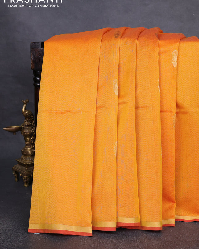 Maheshwari silk cotton saree mustard yellow and red with zari woven buttas and small zari woven border