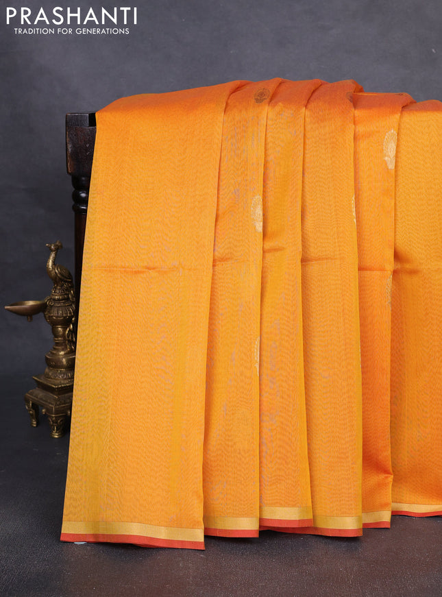 Maheshwari silk cotton saree mustard yellow and red with zari woven buttas and small zari woven border