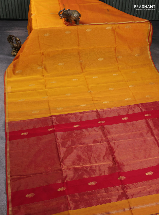 Maheshwari silk cotton saree mustard yellow and red with zari woven buttas and small zari woven border