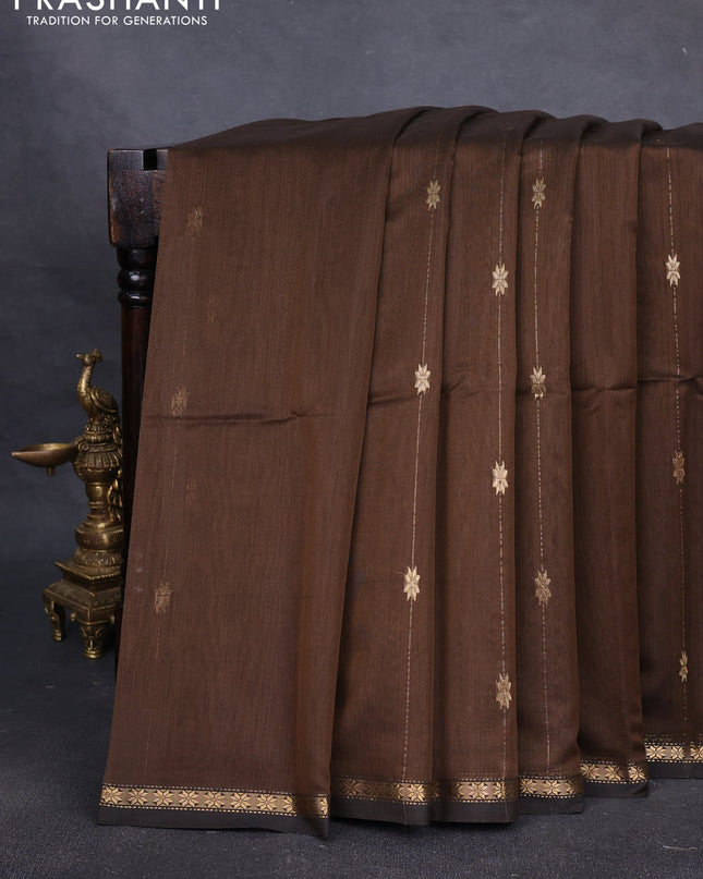 Maheshwari silk cotton saree brown and beige with zari woven buttas and small zari woven border