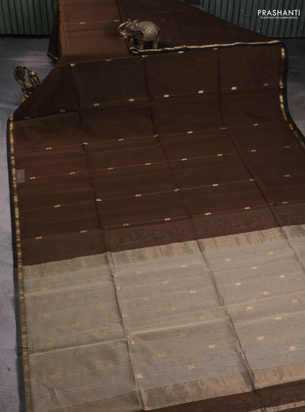 Maheshwari silk cotton saree brown and beige with zari woven buttas and small zari woven border
