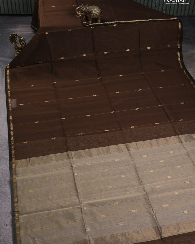 Maheshwari silk cotton saree brown and beige with zari woven buttas and small zari woven border