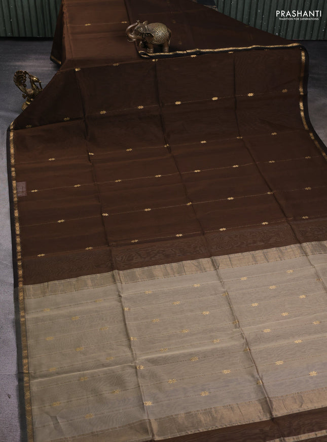 Maheshwari silk cotton saree brown and beige with zari woven buttas and small zari woven border