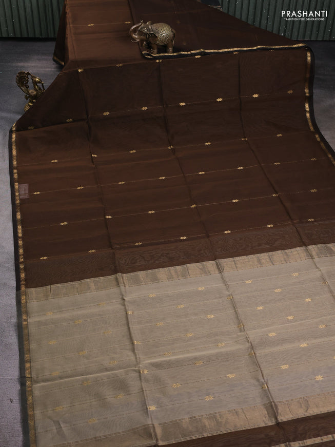 Maheshwari silk cotton saree brown and beige with zari woven buttas and small zari woven border