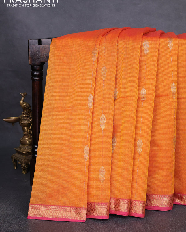 Maheshwari silk cotton saree mustard yellow and pink with allover zari weaves & buttas and zari woven border
