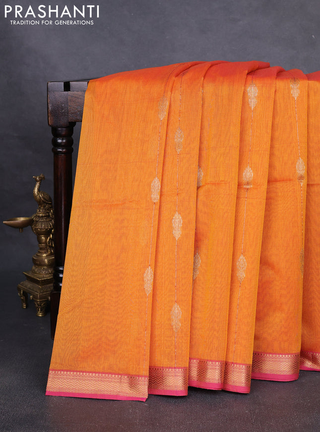 Maheshwari silk cotton saree mustard yellow and pink with allover zari weaves & buttas and zari woven border