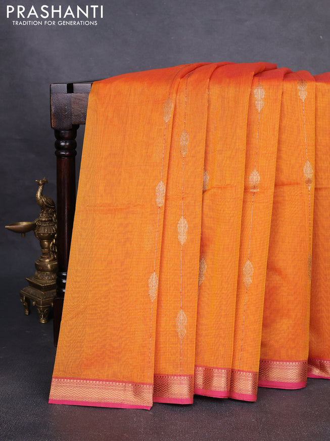Maheshwari silk cotton saree mustard yellow and pink with allover zari weaves & buttas and zari woven border