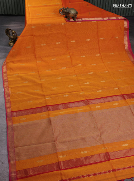Maheshwari silk cotton saree mustard yellow and pink with allover zari weaves & buttas and zari woven border