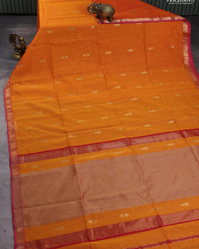 Maheshwari silk cotton saree mustard yellow and pink with allover zari weaves & buttas and zari woven border