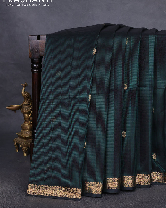 Maheshwari silk cotton saree dark green with zari woven buttas and zari woven border