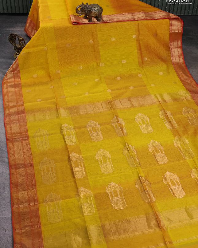 Maheshwari silk cotton saree yellow and red with zari woven buttas and zari woven border