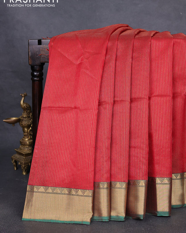 Maheshwari silk cotton saree red and green with allover small zari checks and zari woven border