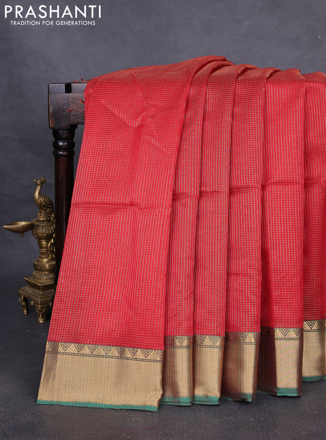 Maheshwari silk cotton saree red and green with allover small zari checks and zari woven border