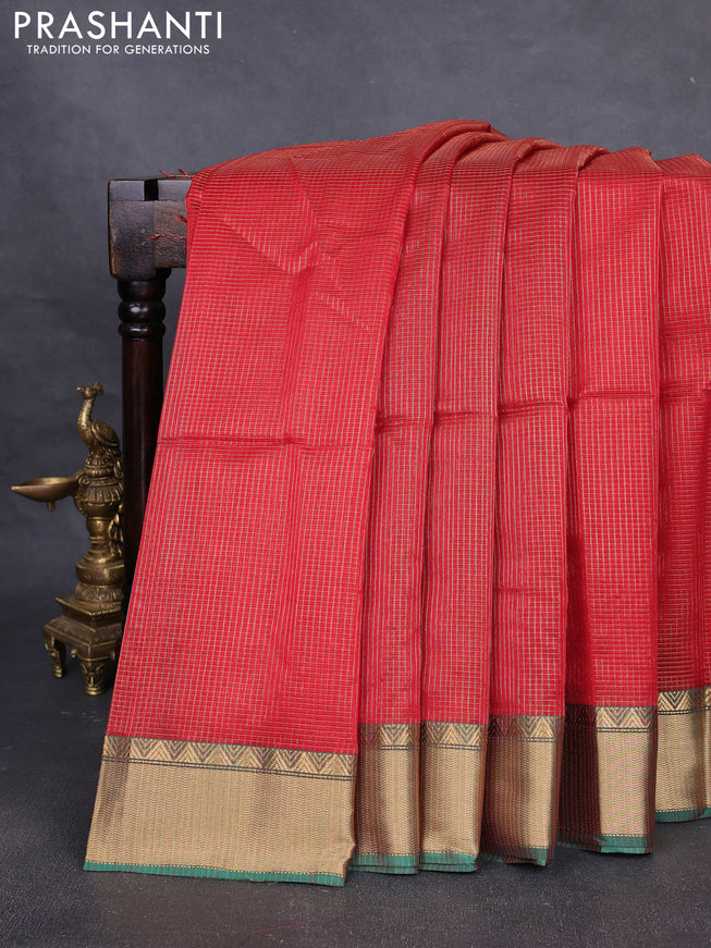 Maheshwari silk cotton saree red and green with allover small zari checks and zari woven border