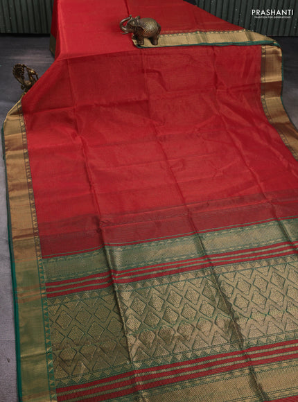 Maheshwari silk cotton saree red and green with allover small zari checks and zari woven border