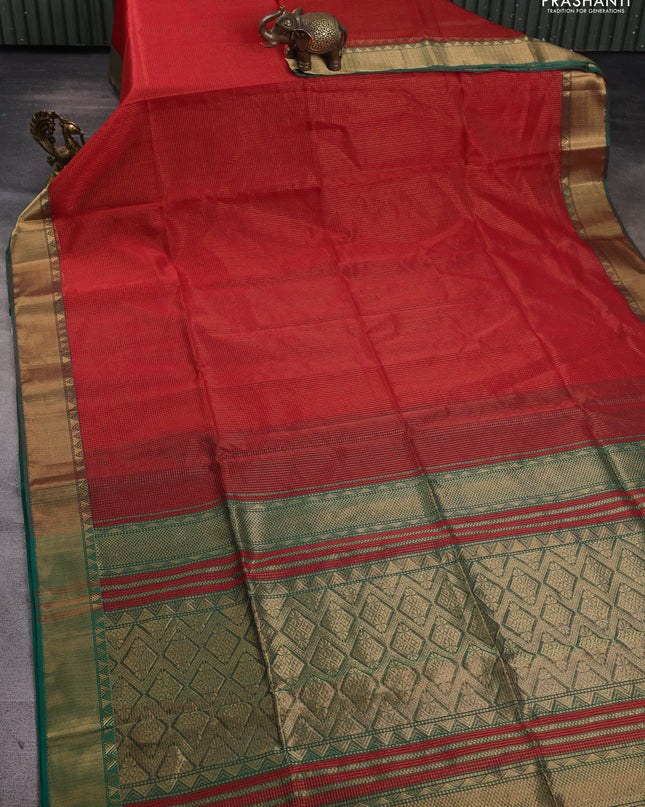 Maheshwari silk cotton saree red and green with allover small zari checks and zari woven border