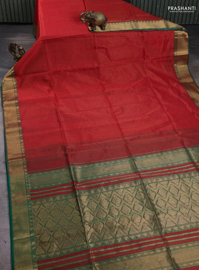 Maheshwari silk cotton saree red and green with allover small zari checks and zari woven border