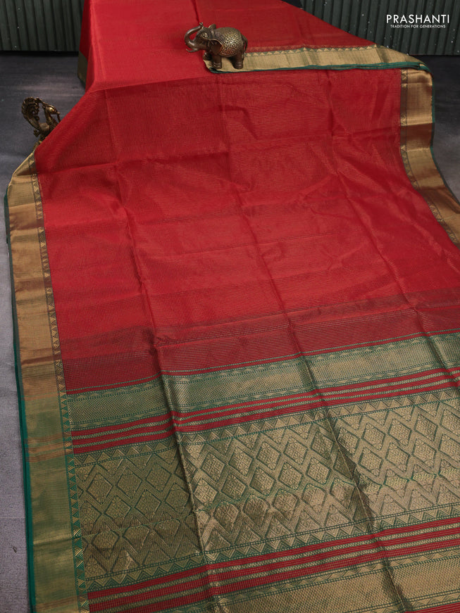 Maheshwari silk cotton saree red and green with allover small zari checks and zari woven border