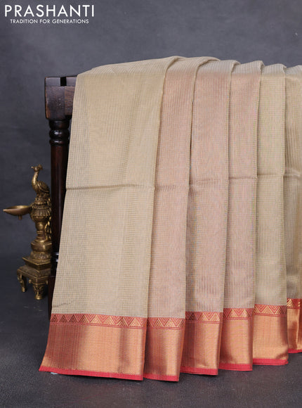 Maheshwari silk cotton saree beige and red with allover small zari checks and zari woven border