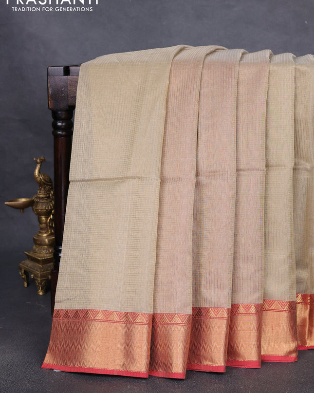 Maheshwari silk cotton saree beige and red with allover small zari checks and zari woven border