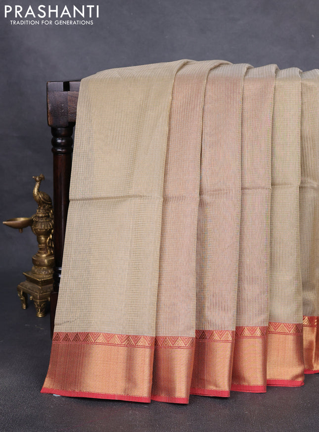 Maheshwari silk cotton saree beige and red with allover small zari checks and zari woven border