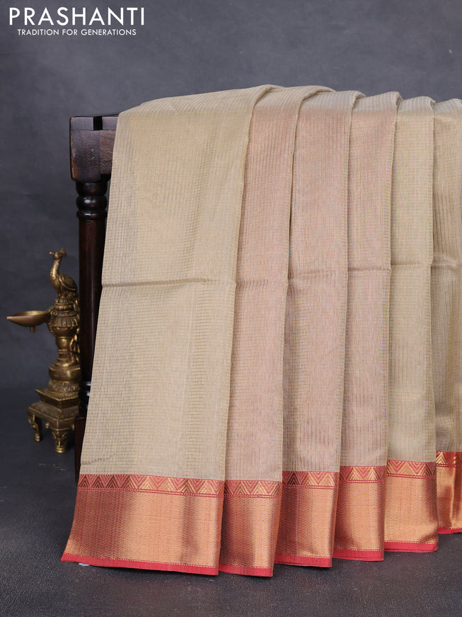 Maheshwari silk cotton saree beige and red with allover small zari checks and zari woven border