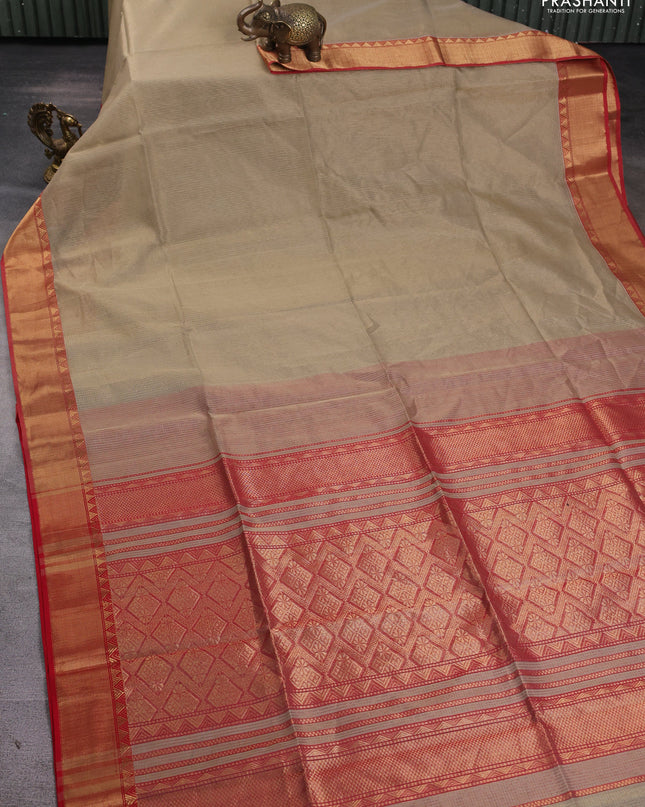 Maheshwari silk cotton saree beige and red with allover small zari checks and zari woven border