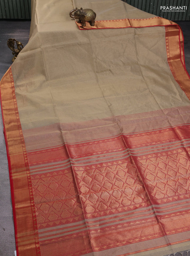 Maheshwari silk cotton saree beige and red with allover small zari checks and zari woven border